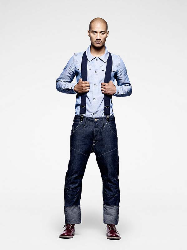 Fashion label G-Star shows of denim braces / suspenders to match the jeans.