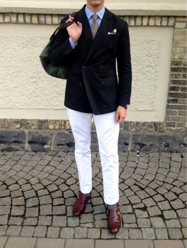 white pants black double breasted jacket - style - double monk strap shoes
