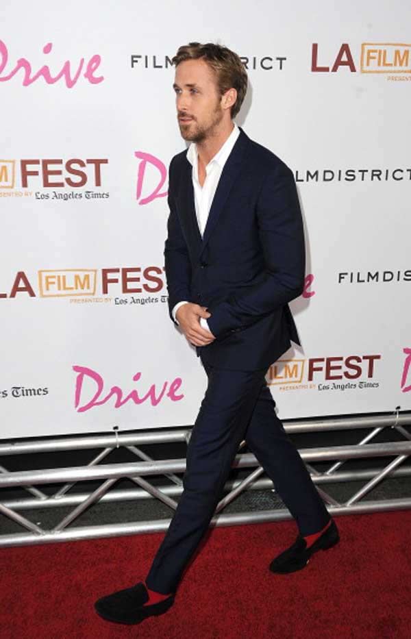 ryan gosling red socks dress slipper at Drive movie premiere
