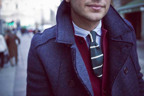 Blue jacket with red cardigan