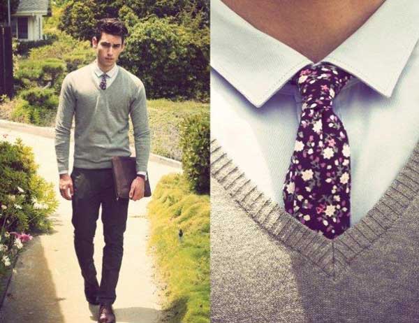 Grey top, floral ties and tight fitted trousers