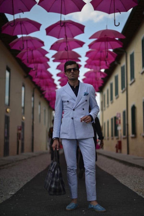 Pitti Uomo Double Breasted pale blue Linen Suit