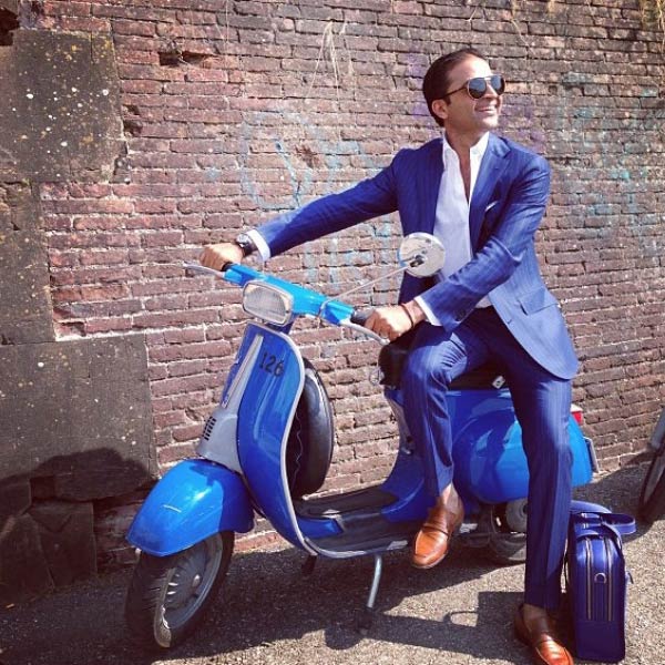 Pitti Uomo Electric Blue Suit mansbag and Vespa
