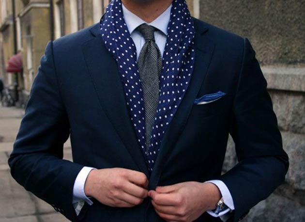 Blue Suits for men and polka dot scarf