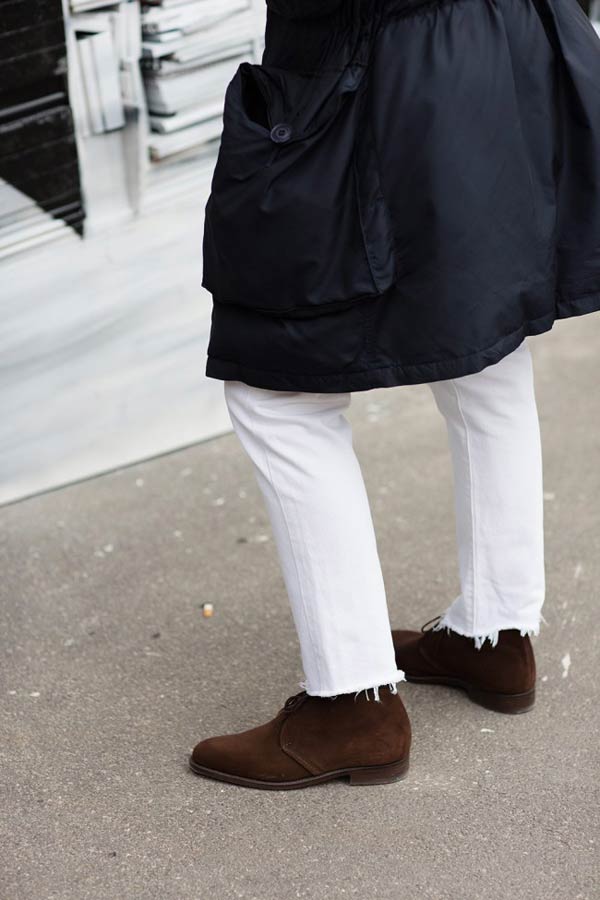 Desert suede boots with white jeans or denim