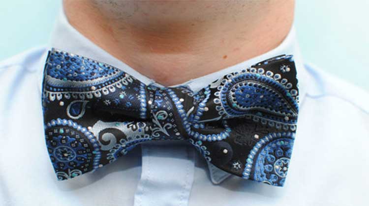 Steel Blue / Light Blue on Black Pre-Tied Woven Dotted Paisley Bow Tie — $ 12