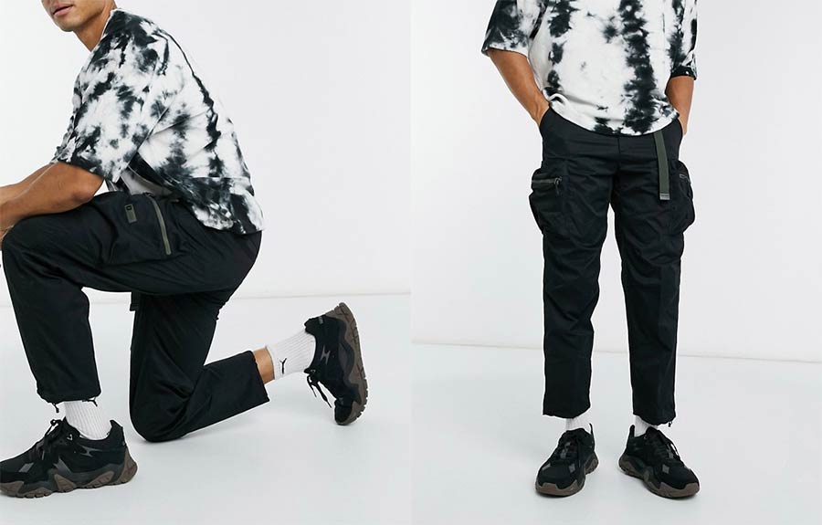 Fingercroxx belted utility cargo trousers in black