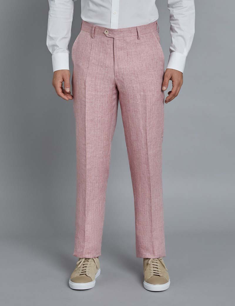 Men's Pink Herringbone Linen Tailored Fit Italian Suit Trousers