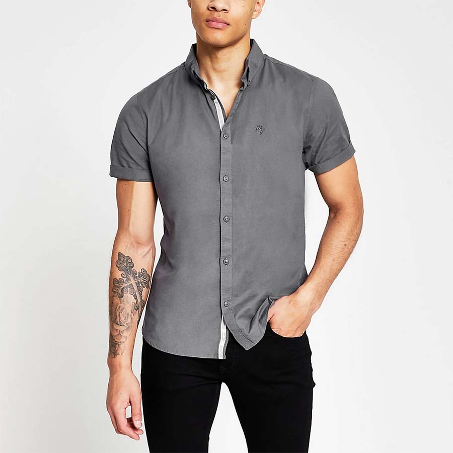 Grey short sleeve slim fit oxford shirt - River Island